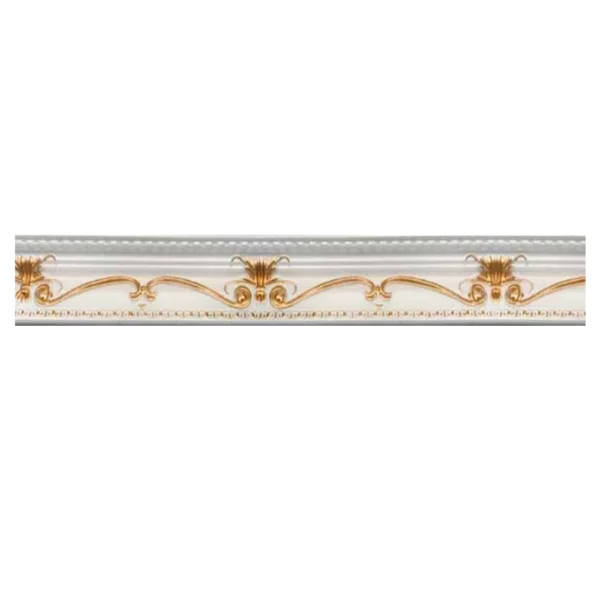 Decorative ceiling frieze featuring elegant golden floral motifs on a white background, with wavy lines and intricate detailing. Its Polystyrene T-Series Cornice White and gold 100mmx2m