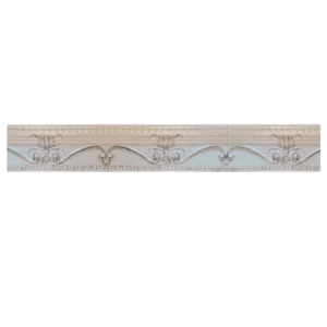 Ornate plaster crown molding featuring scrollwork and floral motifs, showcasing a delicate and elegant design. Its Called Polystyrene T-Series Cornice White and Sliver 100mmx2m