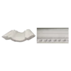 Two white decorative moldings: a curved piece with intricate detailing on the left and a straight panel with a floral motif on the right. IIts EPS Pattern Cornice