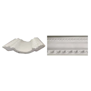 Two white decorative moldings: a curved piece with intricate detailing on the left and a straight panel with a floral motif on the right. IIts EPS Pattern Cornice