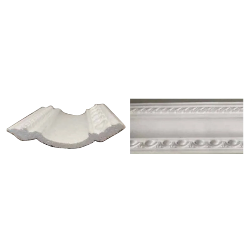 Two white decorative moldings: a curved piece with intricate detailing on the left and a straight panel with a floral motif on the right. IIts EPS Pattern Cornice