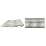 Two decorative white molding pieces: one with a wavy contour and the other featuring geometric patterns and a Greek key design. its called EPS Pattern Cornice 120mmx2m