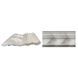 Two decorative white molding pieces: one with a wavy contour and the other featuring geometric patterns and a Greek key design. its called EPS Pattern Cornice 120mmx2m
