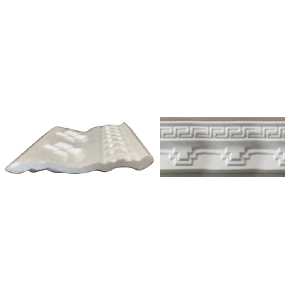 Two decorative white molding pieces: one with a wavy contour and the other featuring geometric patterns and a Greek key design. its called EPS Pattern Cornice 120mmx2m