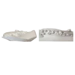 Two views of ornate white decorative molding featuring intricate scrollwork and a shell motif, showcasing elegant craftsmanship. Its Called EPS Pattern Cornice 103mmx2m
