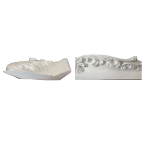 Two views of ornate white decorative molding featuring intricate scrollwork and a shell motif, showcasing elegant craftsmanship. Its Called EPS Pattern Cornice 103mmx2m