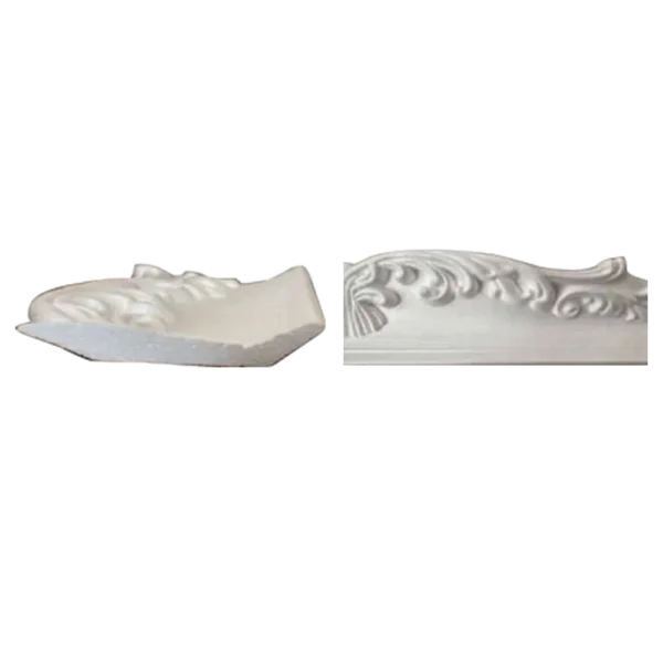 Two views of ornate white decorative molding featuring intricate scrollwork and a shell motif, showcasing elegant craftsmanship. Its Called EPS Pattern Cornice 103mmx2m