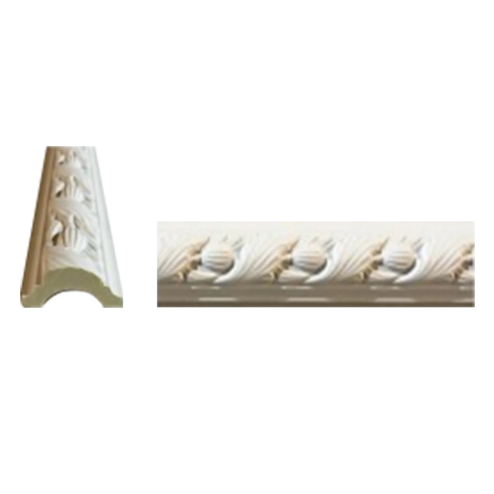 Decorative white molding showcasing intricate carvings, with a curved end piece and a straight section featuring repeating floral patterns. Its Called White PU Cornice Dado Rail
