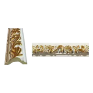 Ornate decorative molding featuring intricate floral designs in gold on a white background, showcasing elegance and craftsmanship. Its White And Gold PU Cornice Dado Rail