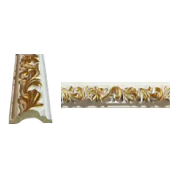 Ornate decorative molding featuring intricate floral designs in gold on a white background, showcasing elegance and craftsmanship. Its White And Gold PU Cornice Dado Rail