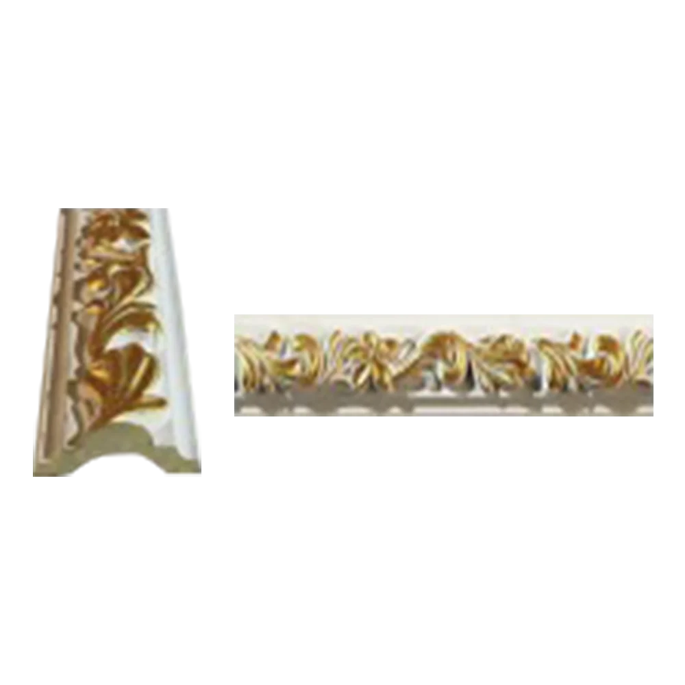 Ornate decorative molding featuring intricate floral designs in gold on a white background, showcasing elegance and craftsmanship. Its White And Gold PU Cornice Dado Rail