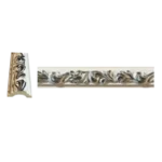 Ornate decorative molding featuring intricate floral patterns in gold and silver tones, displayed in a curved and straight section. Its White and Silver PU Cornice Dado Rail