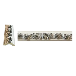 Ornate decorative molding featuring intricate floral patterns in gold and silver tones, displayed in a curved and straight section. Its White and Silver PU Cornice Dado Rail