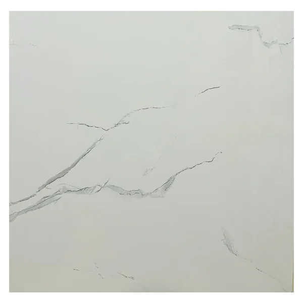 A minimalist white surface with subtle gray veining, resembling marble. The veins run diagonally across the image, adding texture and a natural pattern to the otherwise smooth, plain background. Its Called Glossy Polished Porcelain Carrara White Tiles