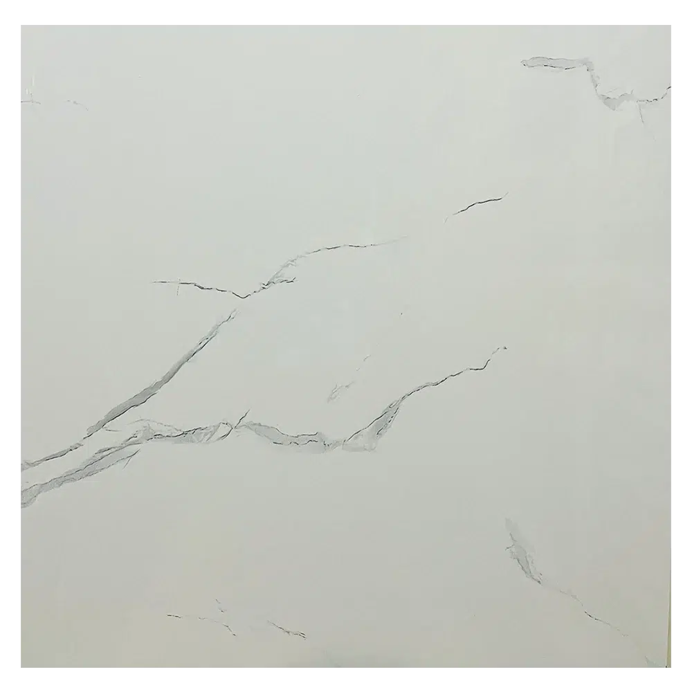 A minimalist white surface with subtle gray veining, resembling marble. The veins run diagonally across the image, adding texture and a natural pattern to the otherwise smooth, plain background. Its Called Glossy Polished Porcelain Carrara White Tiles