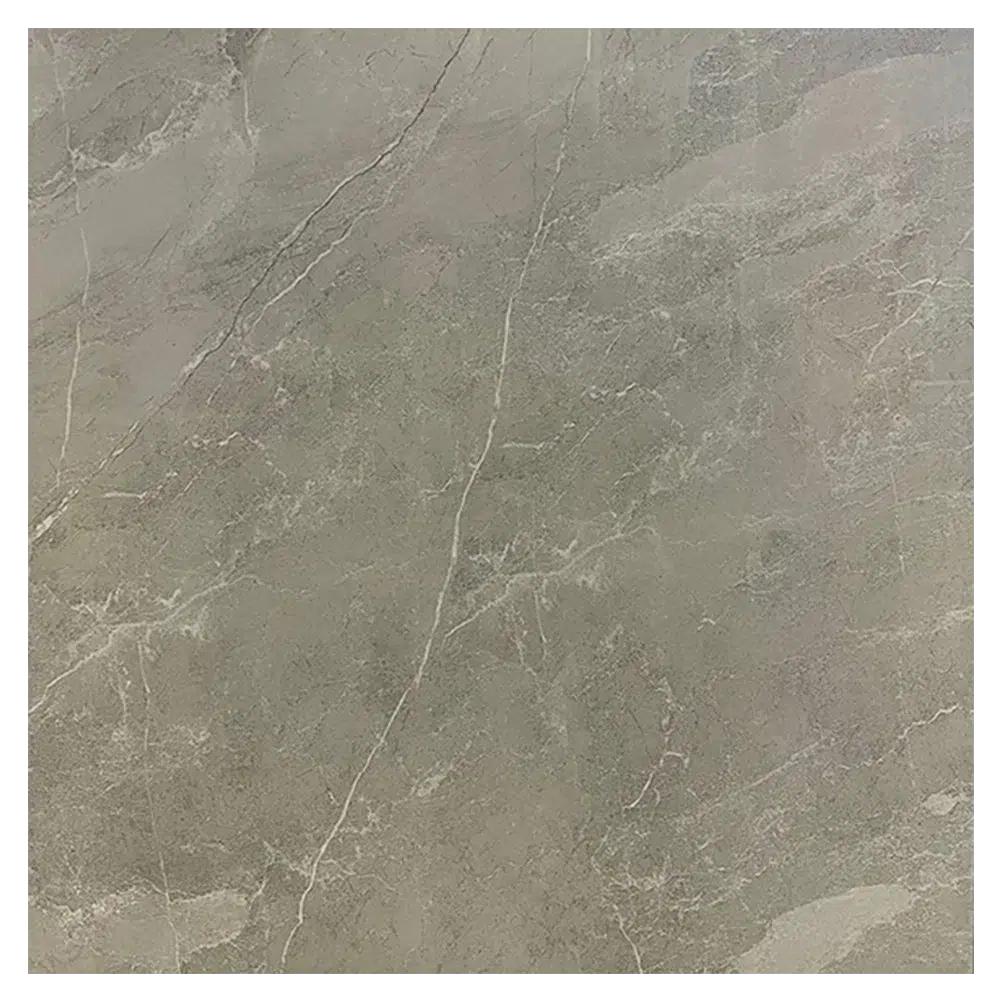 A textured gray stone surface featuring subtle veining and a polished finish, ideal for flooring. Its Called Glossy Polished Grey Porcelain tiles
