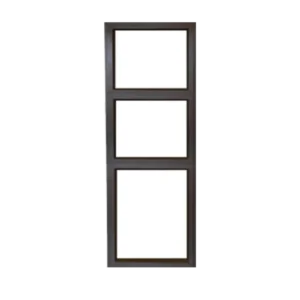 A tall, rectangular window with three evenly spaced sections. The frame is a dark color, contrasting with the bright white background visible through the glass panes. its called Aluminium Sidelight Door 300MM x 2.1M