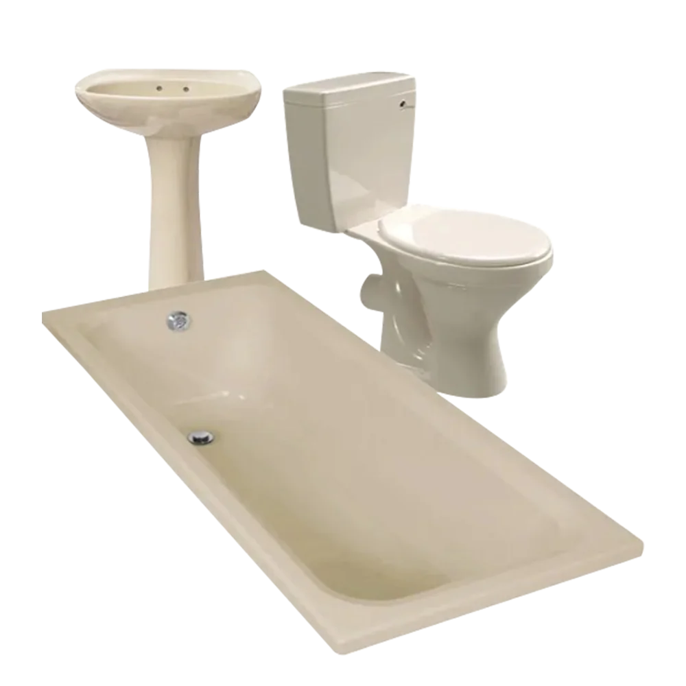 Bathtub, sink, and toilet in beige. The bathtub is in the foreground, the pedestal sink is on the left, and the toilet with a closed lid is on the right. All items are against a white background. Set name is Bathroom Set 7 Pieces Almond / Ivory