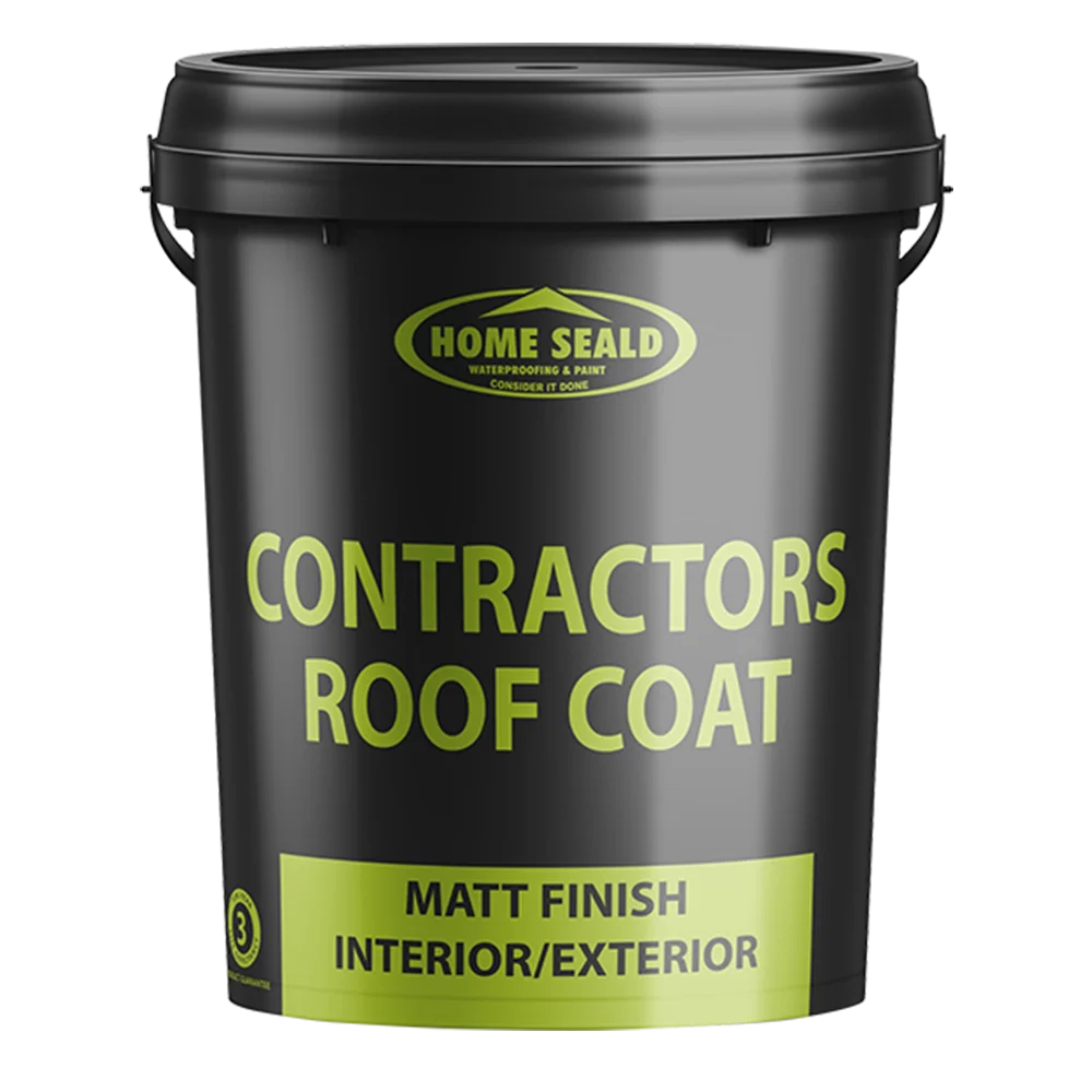Black container of Home Seald Contractors Roof Paint Coat. Text on the container reads Matt Finish Interior/Exterior.
