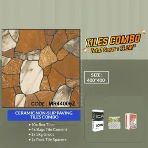 Discover our Ceramic Non-Slip Paving Tiles Combo MR44006Z with a stunning stone pattern. This package includes 10 boxes of tiles, 4 bags of tile cement, a 5kg grout, and a pack of tile spacers. Covering 11.2m² with ease, each tile measures 400x400mm—perfect for sleek and safe surfaces.