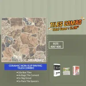 Discover our Ceramic Non Slip Paving Tiles Combo MR44008Z with a stunning stone pattern. This package includes 10 boxes of tiles, 4 bags of tile cement, a 5kg grout, and a pack of tile spacers. Covering 11.2m² with ease, each tile measures 400x400mm—perfect for sleek and safe surfaces.