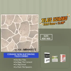 Discover our Ceramic Non Slip Paving Tiles Combo with a stunning stone pattern. This package includes 10 boxes of tiles, 4 bags of tile cement, a 5kg grout, and a pack of tile spacers. Covering 11.2m² with ease, each tile measures 400x400mm—perfect for sleek and safe surfaces.