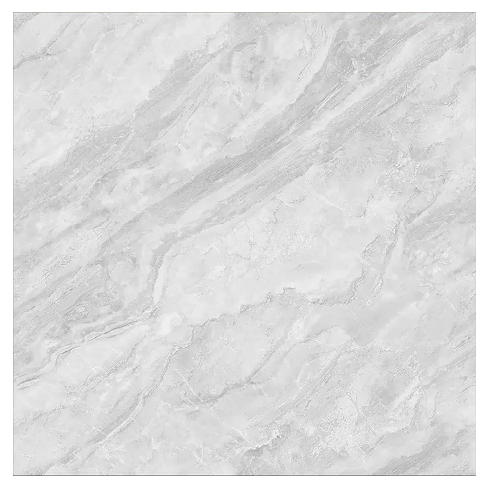 Light gray marble tile with soft, flowing white veins creating a sleek, elegant pattern. Suitable for modern interiors. Its Called 600x600mm Polished Light Grey Porcelain Tiles