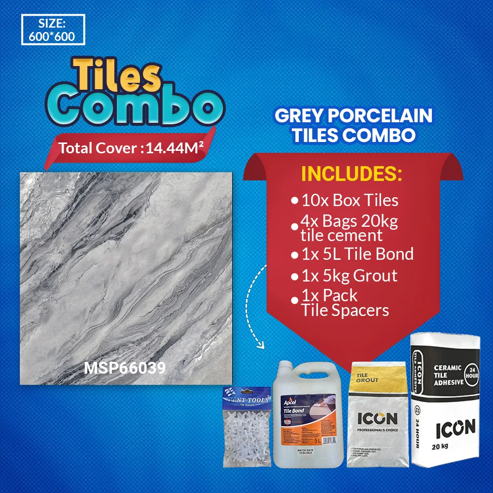 Grey Porcelain Floor Tile Combo Glossy Polished 600x600mm | A-Grade
