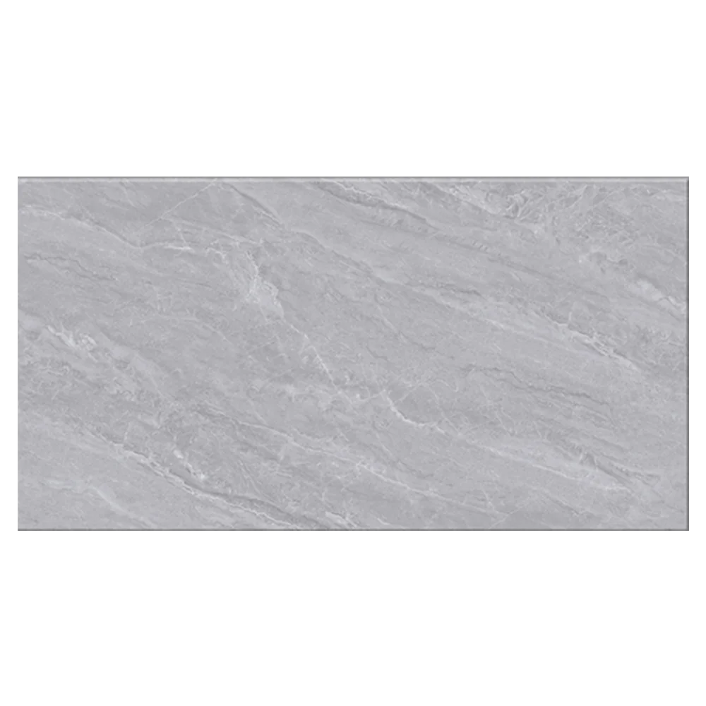 A smooth, rectangular grey marble slab featuring subtle veining and a polished surface, ideal for elegant interior designs. Its Called Grey Ceramic Glossy Polished Wall Tiles