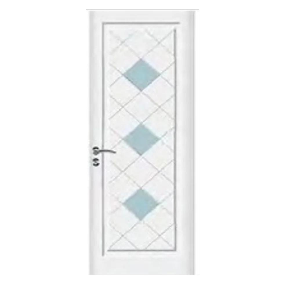 A white door with a frosted glass panel featuring a pattern of blue diamond shapes arranged vertically. The door has a silver handle on the left side. Its Called Single Heavy Duty PVC Door With Glass Emerald Panel