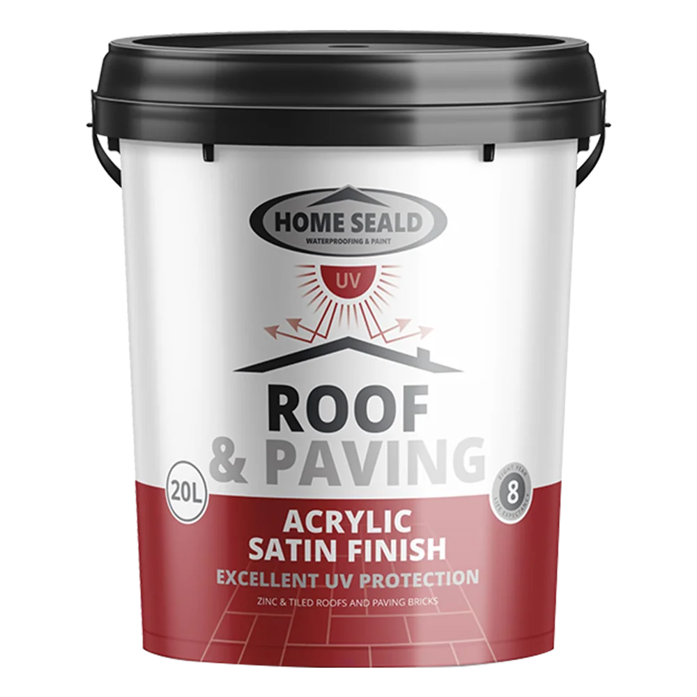 A white plastic bucket of Home Seald Roof & Paving Acrylic Satin roof paint Finish, featuring UV protection. The bucket has a black lid and red accents, and it contains 20L of product.