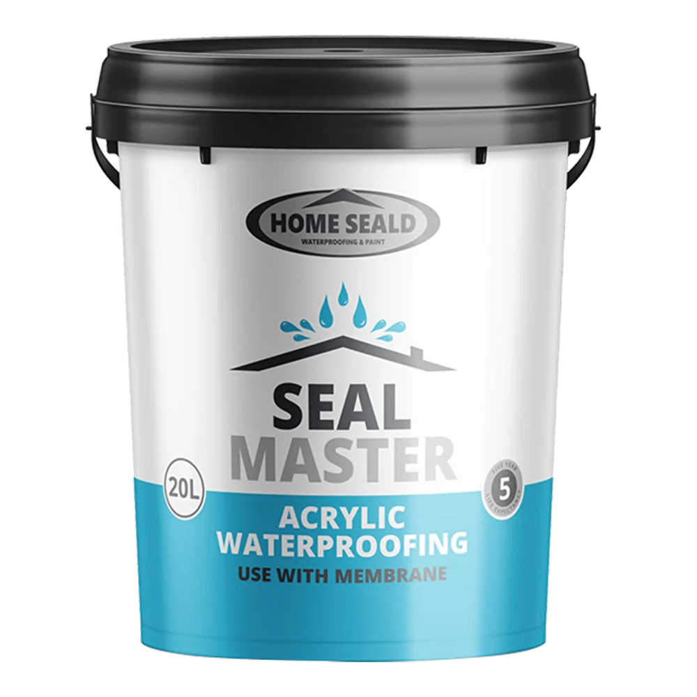A white and blue bucket of Home Seald Seal Master 20l acrylic waterproofing with a black lid, featuring a logo and the text Use with Membrane prominently displayed.