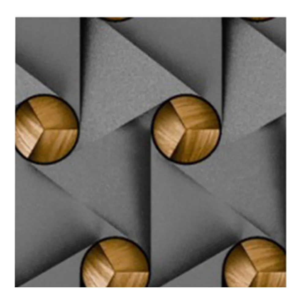 A geometric pattern featuring interlocking gray triangles and wooden spheres. The spheres are centrally placed within the triangular shapes, creating a visually intriguing, repetitive 3D Wallpaper design.