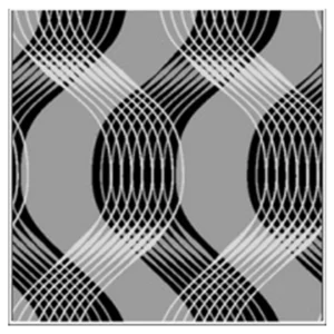 Abstract pattern with wavy black and white lines on a gray background, creating an interwoven, lattice-like design.Geometric Waves Curve Peel and Stick 3D WallPaper