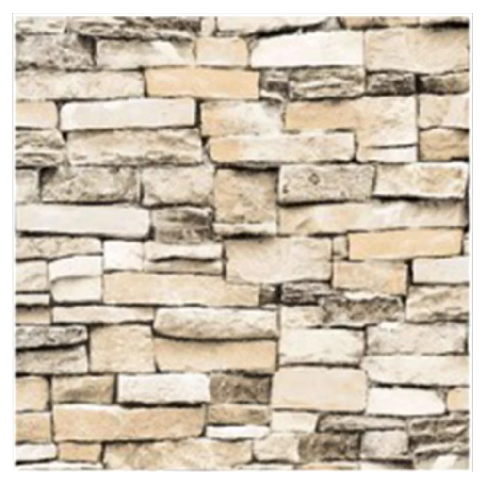 A wall made of rectangular stones in varying shades of beige, cream, and light gray, arranged in a staggered pattern. The stones have a rough texture, giving a natural and rustic appearance. Its Called Brick Design 3D WallPaper