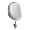 A modern white ceramic urinal small with a sleek design, featuring a metal flush valve beneath.
