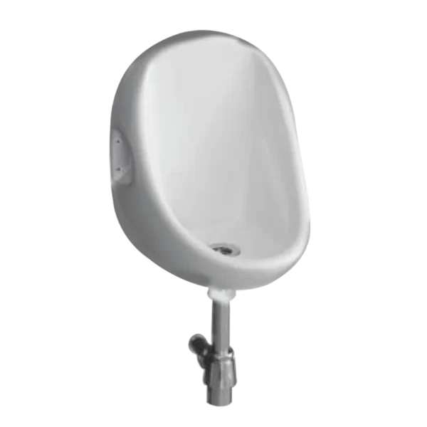 A modern white ceramic urinal small with a sleek design, featuring a metal flush valve beneath.