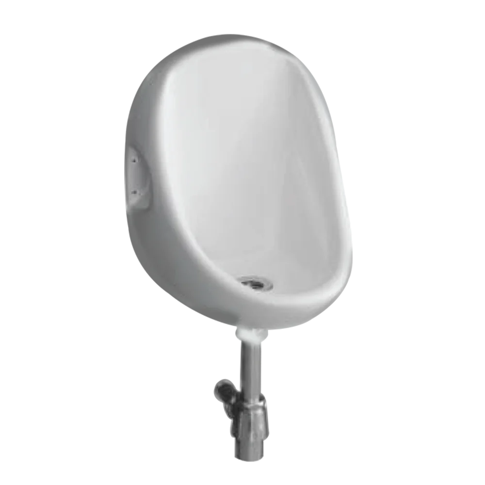 A modern white ceramic urinal small with a sleek design, featuring a metal flush valve beneath.